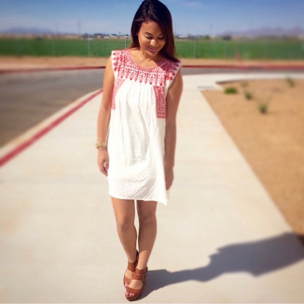 White and Red Embroidered Dress
